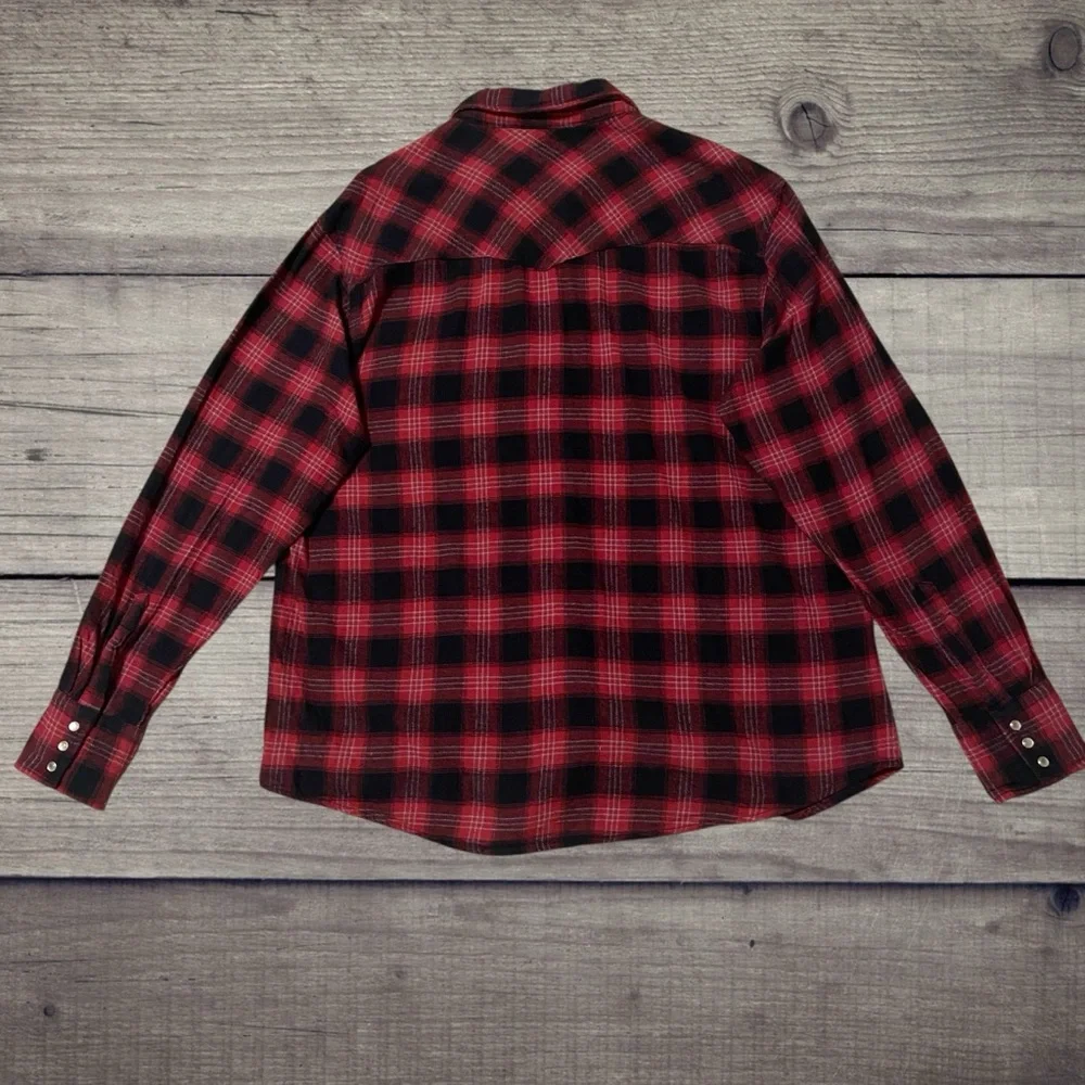 Vintage Wrangler Wrancher Western Flannel Pearl Snap Shirt Red Buffalo Plaid - Picture 5 of 8